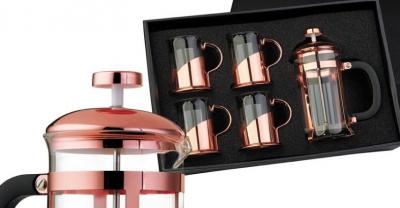 Set Cafetera Francesa Cobrizada + 4 Tazas Cobrizadas